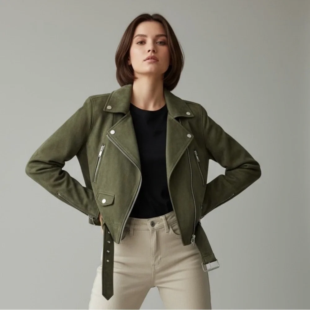 Zara Olive Moto Jacket Belted Zip Biker Chic Trendy S - Picture 9 of 14